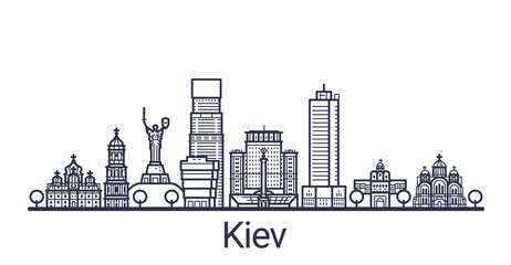 Linear banner of Kiev city. All Kiev buildings - customizable objects with opacity mask, so you can simple change composition and background fill. Line art.