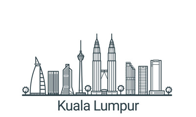 Linear banner of Kuala Lumpu city. All buildings - customizable different objects with background fill, so you can change composition for your project. Line art.