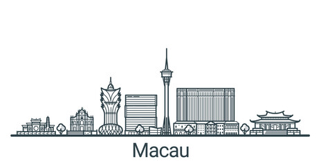 Linear banner of Macau city. All buildings - customizable different objects with background fill, so you can change composition for your project. Line art.
