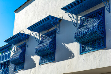 Tunisia. Sidi Bou Said. Moucharabieh windows