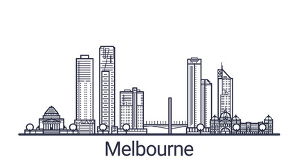 Linear banner of Melbourne city. All buildings - customizable different objects with clipping mask, so you can change background and composition. Line art.