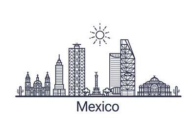 Linear banner of Mexico city. All Mexico buildings - customizable objects with opacity mask, so you can simple change composition and background fill. Line art.