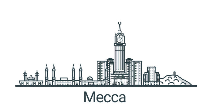 Linear banner of Mecca city. All buildings - customizable different objects with background fill, so you can change composition for your project. Line art.