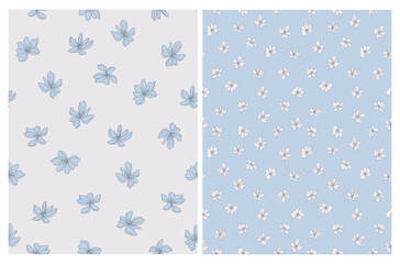 Blue Abstract Flowers Vector Seamless Pattern. Blue Cornflowers Isolated on a Light Gray and Pale Blue Background. Simple Abstract Garden Backdrop. Floral Hand Drawn Prints. Floral Layout.