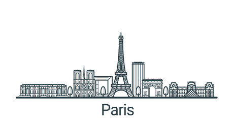 Linear banner of Paris city. All buildings - customizable different objects with background fill, so you can change composition for your project. Line art. - obrazy, fototapety, plakaty