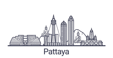 Linear banner of Pattaya city. All Pattaya buildings - customizable objects with opacity mask, so you can simple change composition and background fill. Line art.