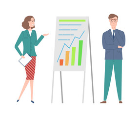 Information on whiteboard vector, woman and boss showing new concept and idea of business project, secretary with documents and papers flat style