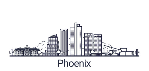 Linear banner of Phoenix city. All buildings - customizable different objects with clipping mask, so you can change background and composition. Line art.