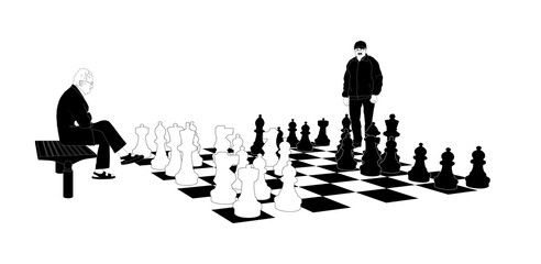 2 Ältere Männer spielen Schach auf einem Schachbrett mit übergroßen Schachfiguren