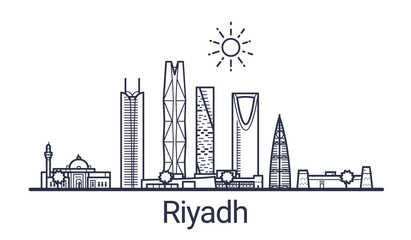 Skyline of Riyadh city in linear style. Riyadh cityscape line art. All buildings separated with clipping masks. So you can change composition and background.