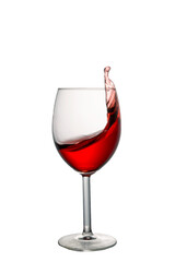 A splash of red wine in a glass on a white background. Healthy wine before dinner