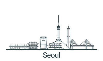 Linear banner of Seoul city. All buildings - customizable different objects with background fill, so you can change composition for your project. Line art.