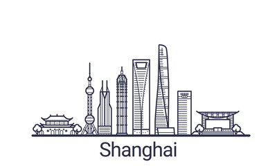 Linear banner of Shanghai city. All Shanghai buildings - customizable objects with opacity mask, so you can simple change composition and background fill. Line art.