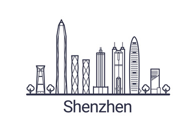Linear banner of Shenzhen city. All Shenzhen buildings - customizable objects with opacity mask, so you can simple change composition and background fill. Line art.
