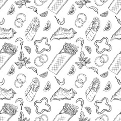 Seamless pattern with shawarma chicken roll, fresh vegetables on white background. Vector hand drawn sketch illustration in doodle outline style. Concept of doner kebab, street food, barbecue cuisine