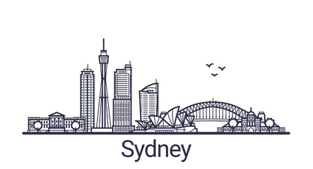 Naklejka premium Liniowy sztandar miasta Sydney. Wszystkie budynki w Sydney - konfigurowalne obiekty z maską krycia, dzięki czemu można łatwo zmieniać kompozycję i wypełnienie tła. Grafika liniowa.