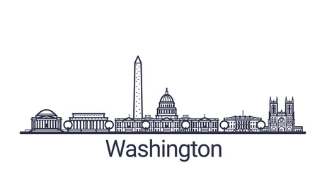 Linear banner of Washington city. All Washington buildings - customizable objects with opacity mask, so you can simple change composition and background fill. Line art.