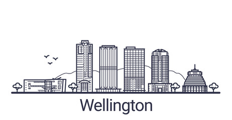 Fototapeta premium Liniowy sztandar miasta Wellington. Wszystkie budynki - różne obiekty z możliwością dostosowania z maską przycinającą, dzięki czemu można zmieniać tło i kompozycję. Grafika liniowa.