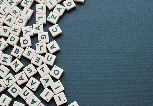 Scrabble game letters background with copy space,  May 14, 2018 in Vilnius Lithuania.