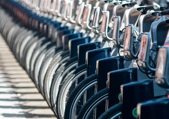 Row of Docked Hire Bikes in London