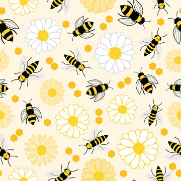 Seamless pattern bees and flowers