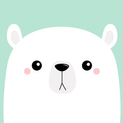 Polar white bear cub sad face. Merry Christmas. Happy New Year. Cute cartoon baby character. Arctic animal. Hello winter. Flat design. Blue background. Greeting card tshirt notebook cover print