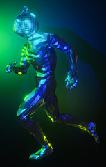 Low polygonal metal robot running on blue and green background. Technology, future, speed concept. 3D illustration