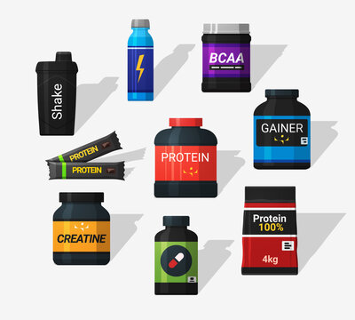 Sports nutrition icons in flat style and long shadow. Detailed flat style