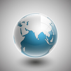 Globe icon with smooth shadows and white map of the continents of the world