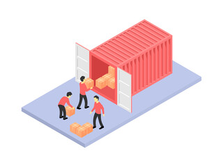 People loading boxes into cargo container - logistic transportation world trade isometric concept