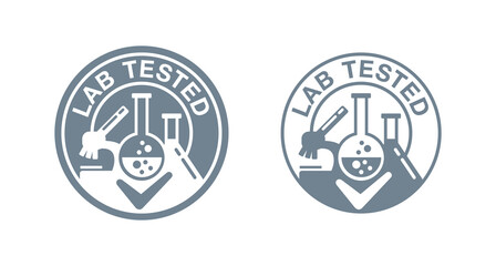 Lab tested certified stamp - laboratory equipment (microscope, flask, vial) inside circle - icon for medical testing confirmed products