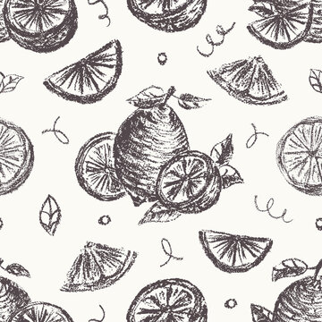 Lemons and oranges seamless pattern. Hand drawn citrus fruits background. Black and white