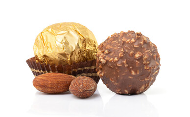 Chocolate ball confection candy and almond isolated on white background  with clipping path.