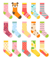 Socks vector illustration set. Cartoon flat collection of colorful clothing items with different pattern, cotton and woolen striped sock, funny warm socks for man, woman or children isolated on white