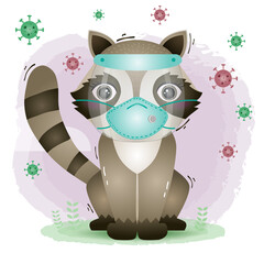 cute raccoon using face shield and mask.  Covid-19,  coronavirus vector illustration.
