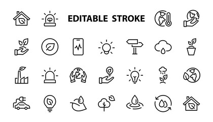 set of ECOLOGY icons, vector lines contains such icons as an electric car, global warming, forest, eco, watering plants, plants and much more. Editable stroke, ecology