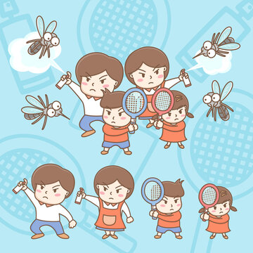 Design Elements Vector Of Cute Family Cartoon Are Fighting With Mosquitoes. Mosquitoes Are Attacking Human.