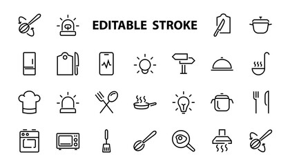 Set of cooking and kitchen icons, Vector lines, contains icons such as frying pan, frying, microwave, fork with spoon, Editable stroke, perfect 480x480 pixels, white background.