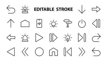 Set of line arrows, directions, arrows, contains icons such as pause, continuation, directly, to the right, Editable stroke. 480x480, On a white background, Vector illustration