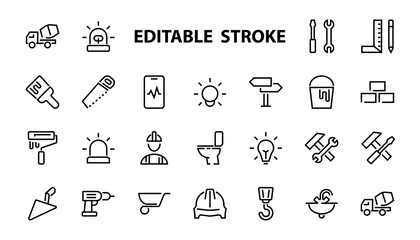 Set of construction icons, simple vector lines, contains the following icons: builder, roller, hammer with wrench, toilet bowl and much more. Editable stroke. 48x48 pixels perfect, white background
