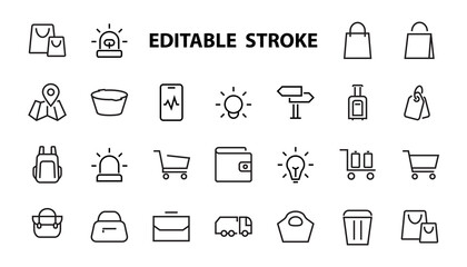 Simple set of bags, shopping and travel icons. Vector illustration Contains icons such as Card, wallet, shopping basket, discount, bowl, package. On a white background, editable stroke