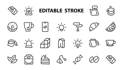 Fototapeta premium COFFEE and TEA LINEAR ICONS SET, contains Icons of tea, tea bag, Coffee machine, cake, sugar, teapot, cup, milk, cream, Lemon, chocolate bar, Editable stroke