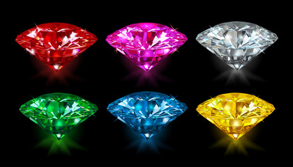 A set of multi-colored diamonds isolated on a black background. Vector.	