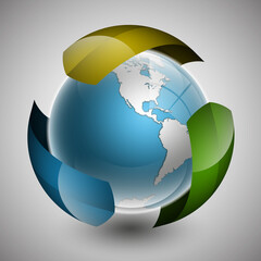 Naklejka premium Globe icon with colorful arrows and smooth shadows and white map of the continents of the world