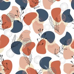 Naklejka premium Seamless pattern with floral elements and abstract shapes in soft colors. 