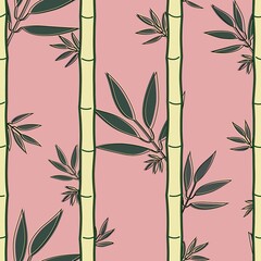Seamless pattern with soft yellow bamboo and green leaves in soft pink background