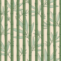 Seamless pattern with green bamboo and soft green leaves in soft yellow background