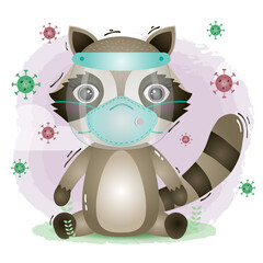 Fototapeta premium cute raccoon using face shield and mask. Covid-19, coronavirus vector illustration.