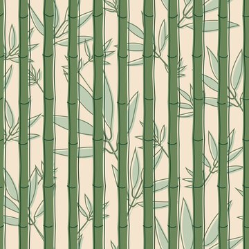 Seamless pattern with green bamboo and soft green leaves in soft yellow background © Seyma