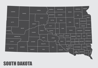 The South Dakota State County Map with labels - obrazy, fototapety, plakaty